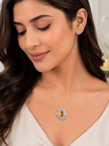 Yellow Sapphire Halo Pendant – 925 Silver
