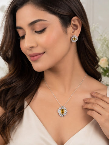 Yellow Sapphire Halo Pendant & Earrings Set – 925 Sterling Silver