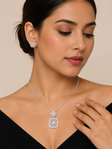 Square Cushion Halo – 925 Sterling Silver Pendant & Stud Earrings Set