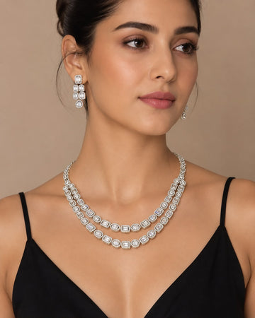 Duet Halo – 925 Sterling Silver Double Layer Halo Necklace & Earrings Set