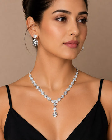 Pear Halo Cascade – 925 Sterling Silver Pear Halo Necklace & Earrings Set