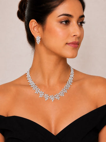 Marquise Blossom – 925 Sterling Silver Marquise Floral Necklace & Earrings Set