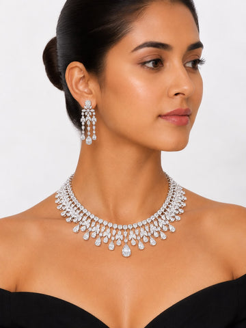 Pear Chandelier – 925 Sterling Silver Pear Drop Chandelier Necklace & Earrings Set