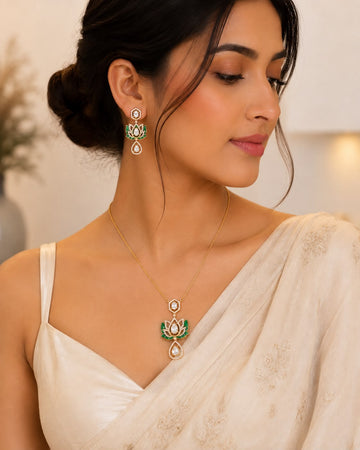 Lotus Aura Pendant Set | 925 Sterling Silver Polki Jewellery